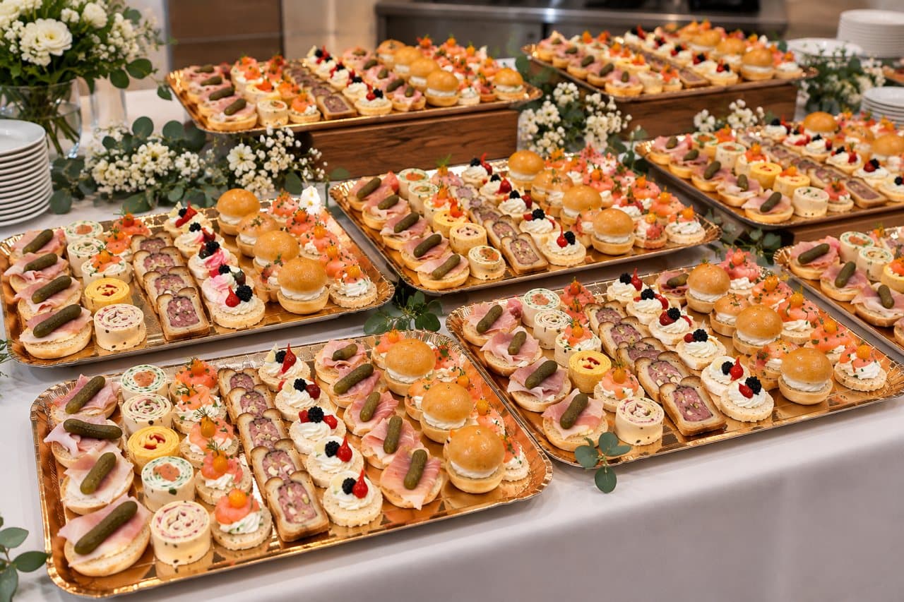 Buffet de bouchées salées préparé pour une réception à La Bergerie